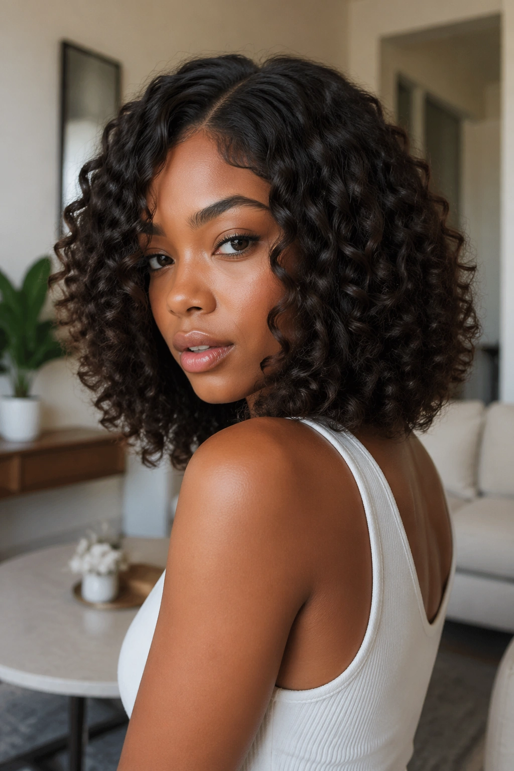 Close-up of a real woman with a shoulder-length curly bob with layers