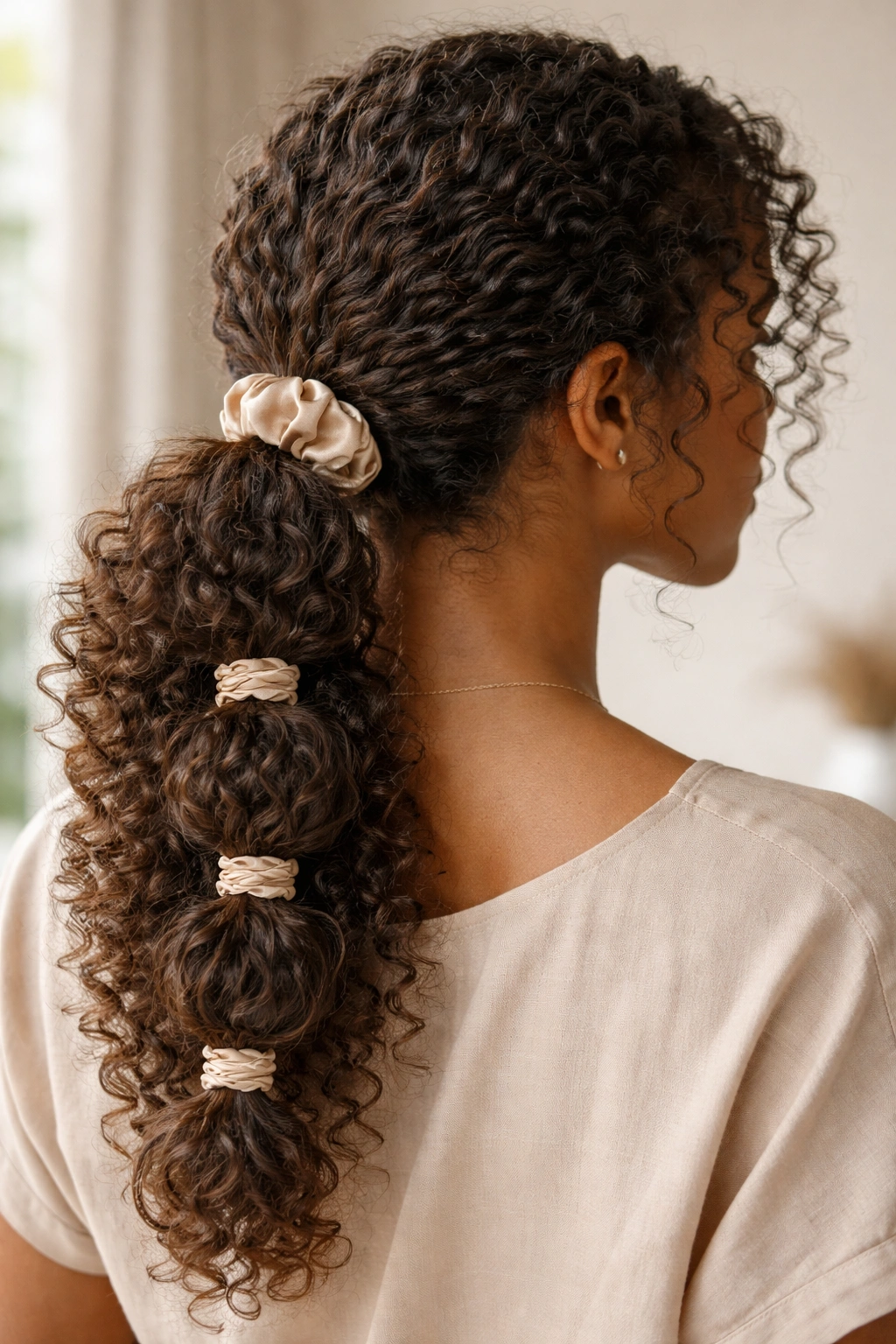 Back view of low bubble ponytail on curly hair showing loose bubbles and curls