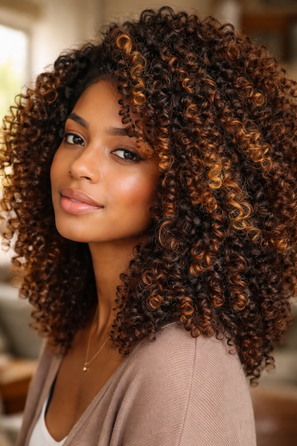 Close-up of a real person with curly hair showing color depth and curl texture