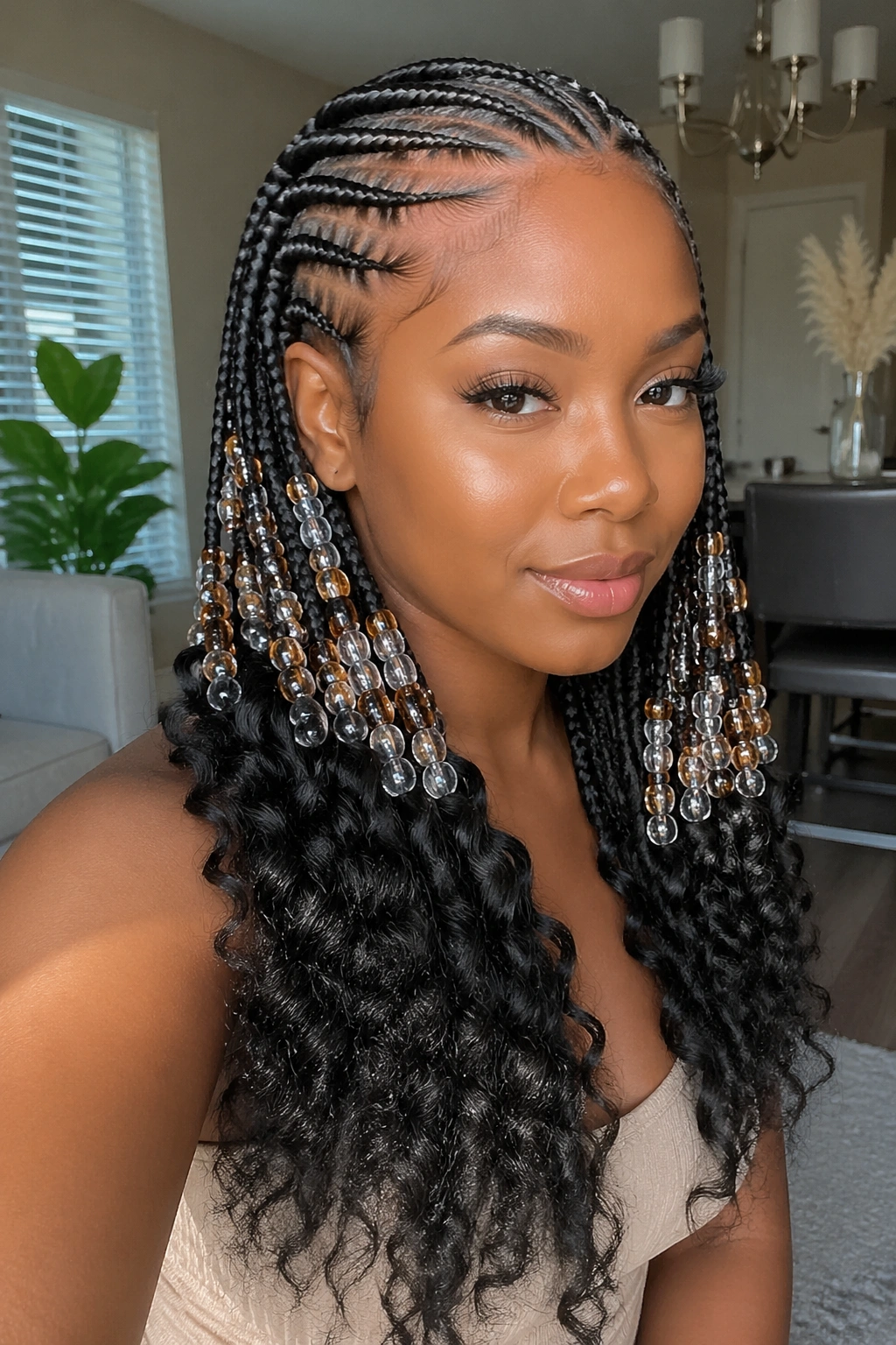 Close-up of a real woman with curly-ended beaded cornrows, beads on braids