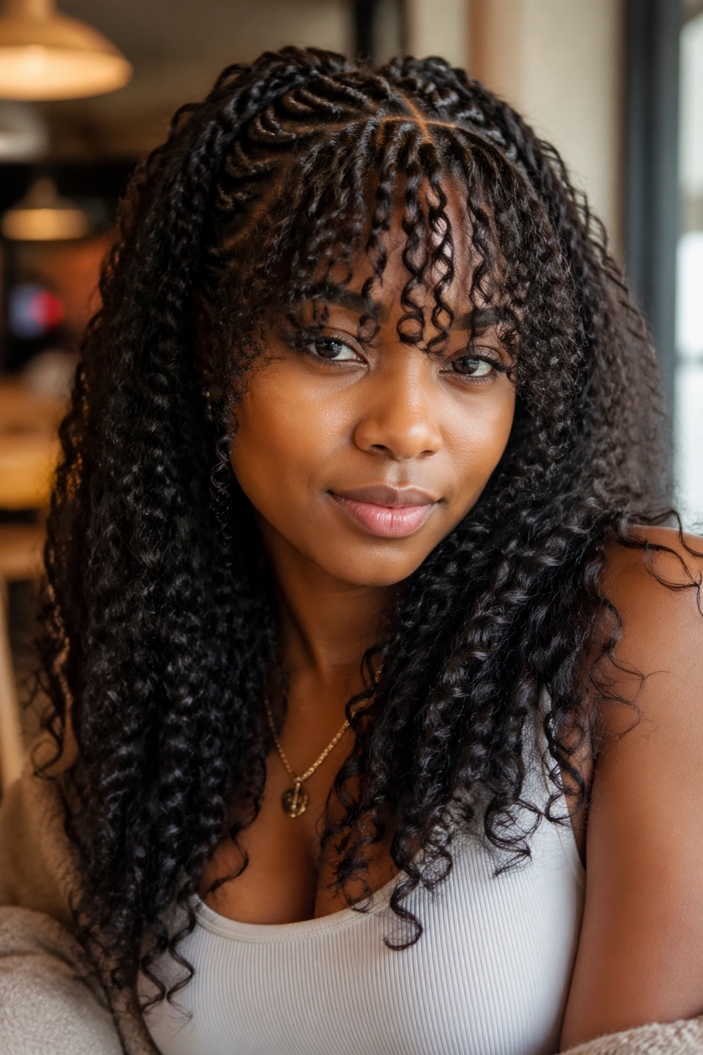 Close-up of curly crochet with front bangs framing the face