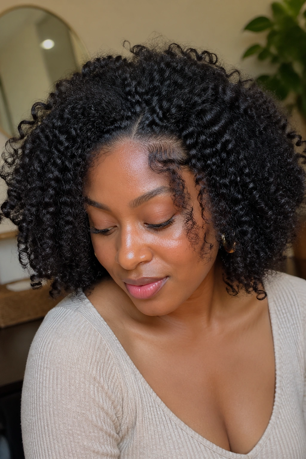 Real person with curly crochet Fro leave-out blending at the front
