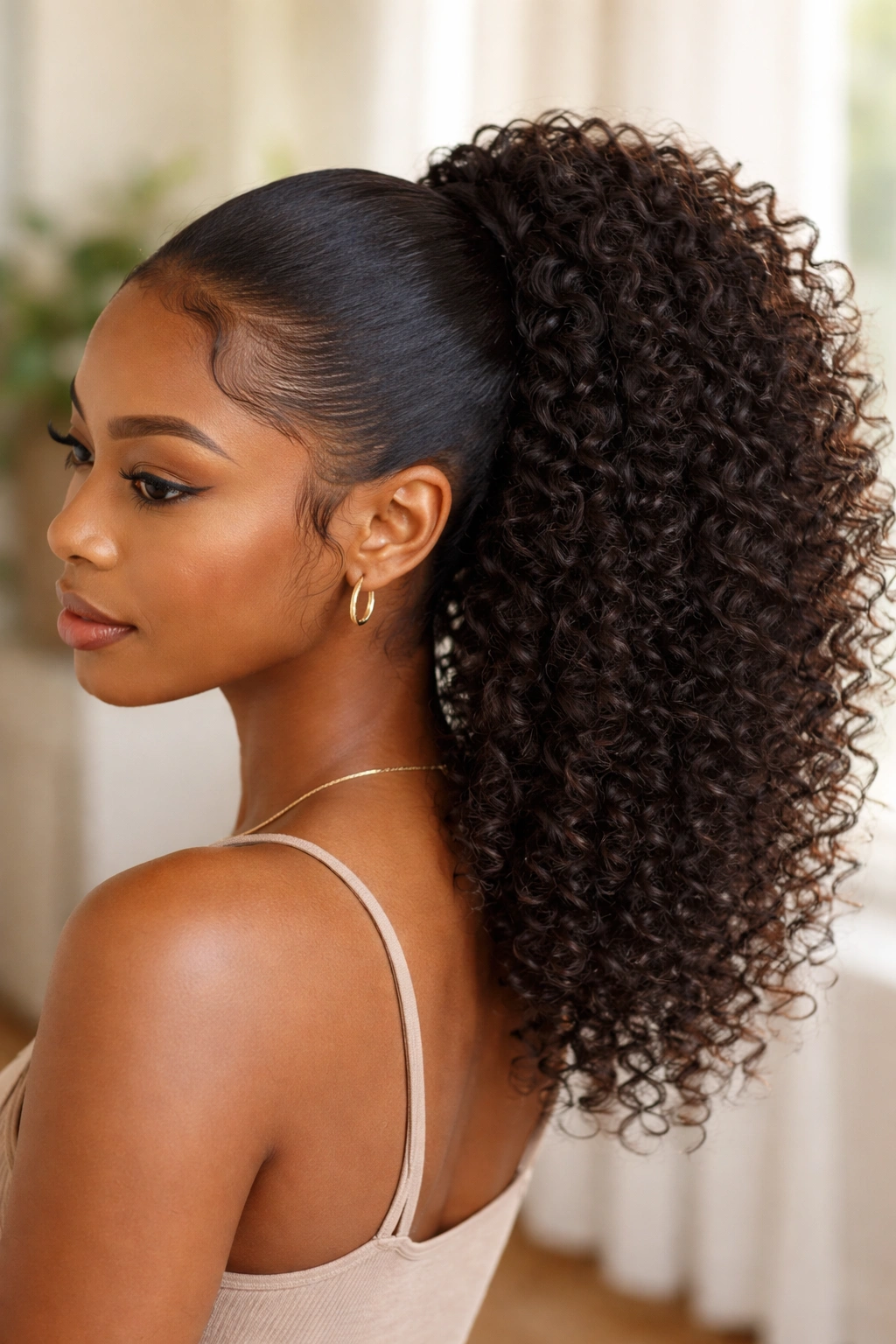 Curly crochet ponytail with bundled curls attached to hair tie