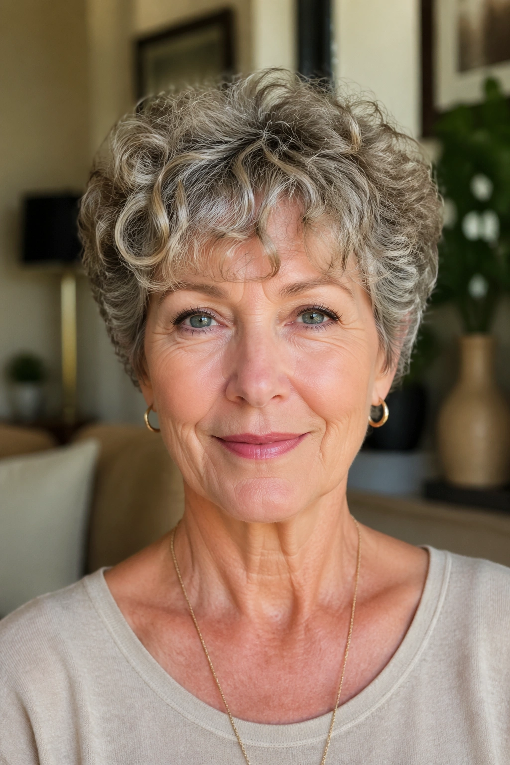 Close-up portrait of a woman with a curly crop and soft fringe in warm window light.