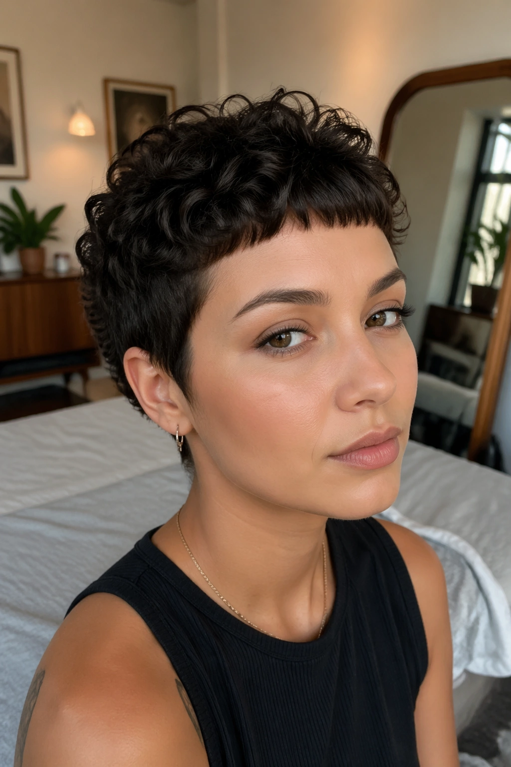 Close-up of real person with curly crop and micro fringe indoors.