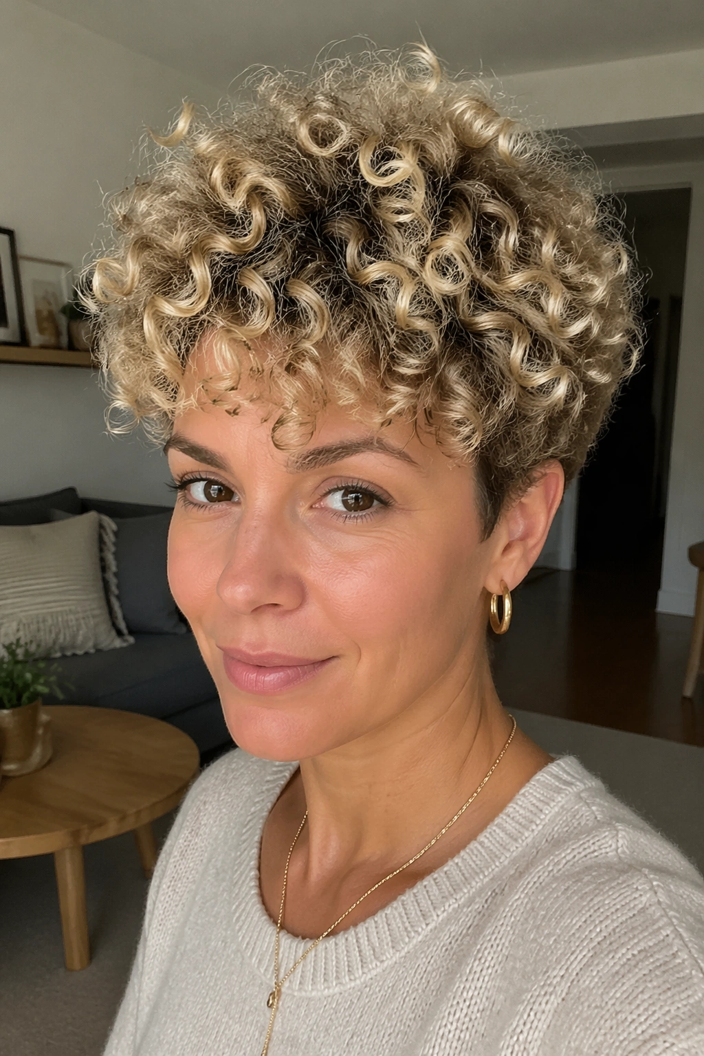 Close-up of real woman with grown-out curly crop and shadow root in natural light.