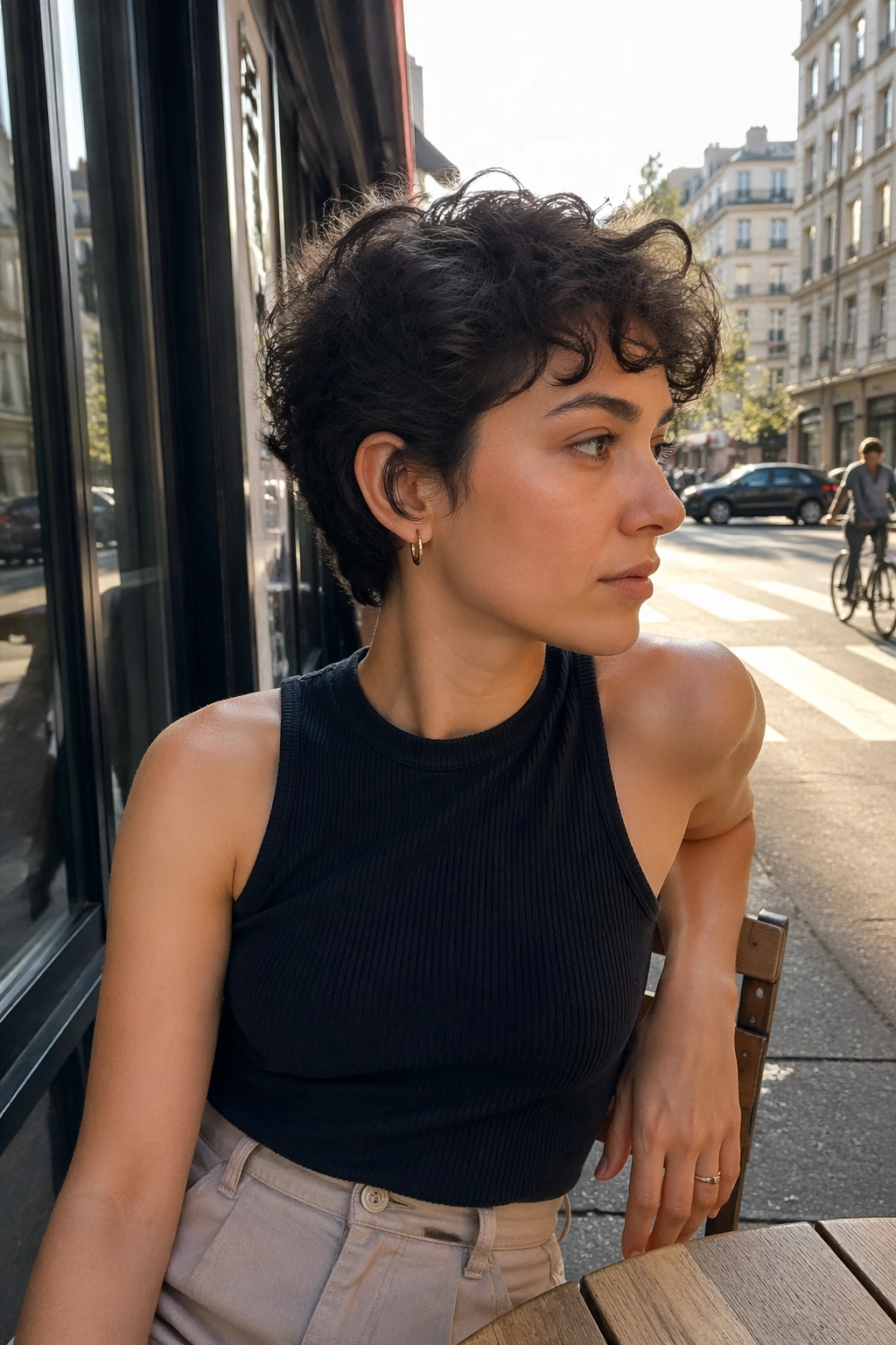 Ear-length curly crop with tucked sides at cafe