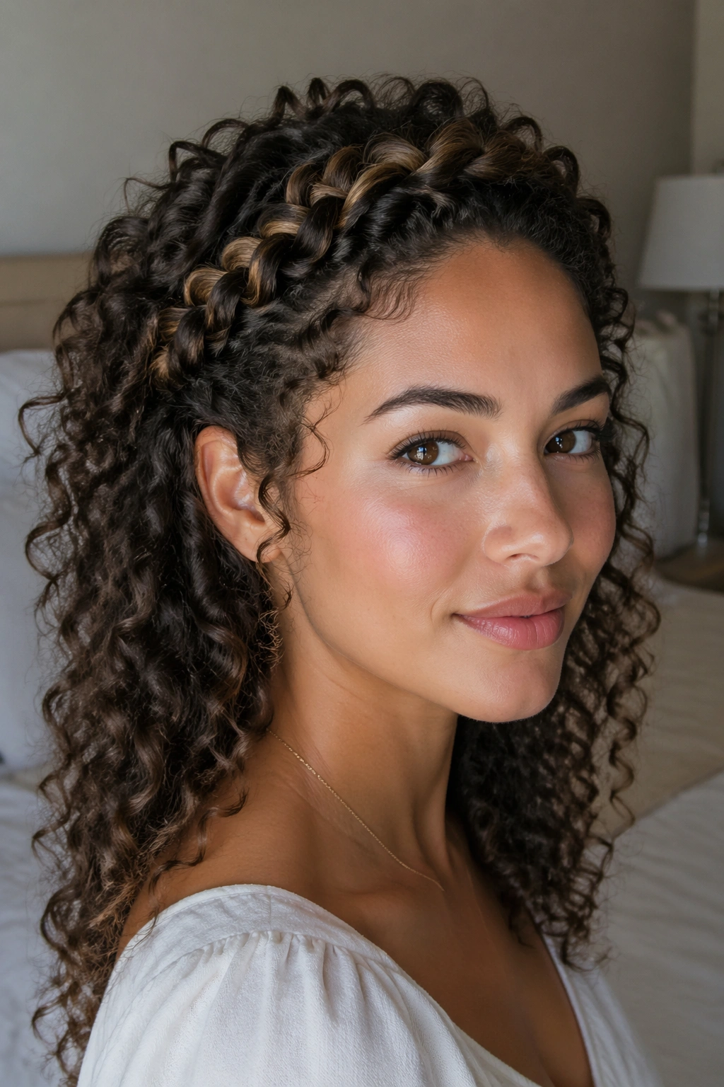 Real woman showing a loose curly crown braid along the hairline.