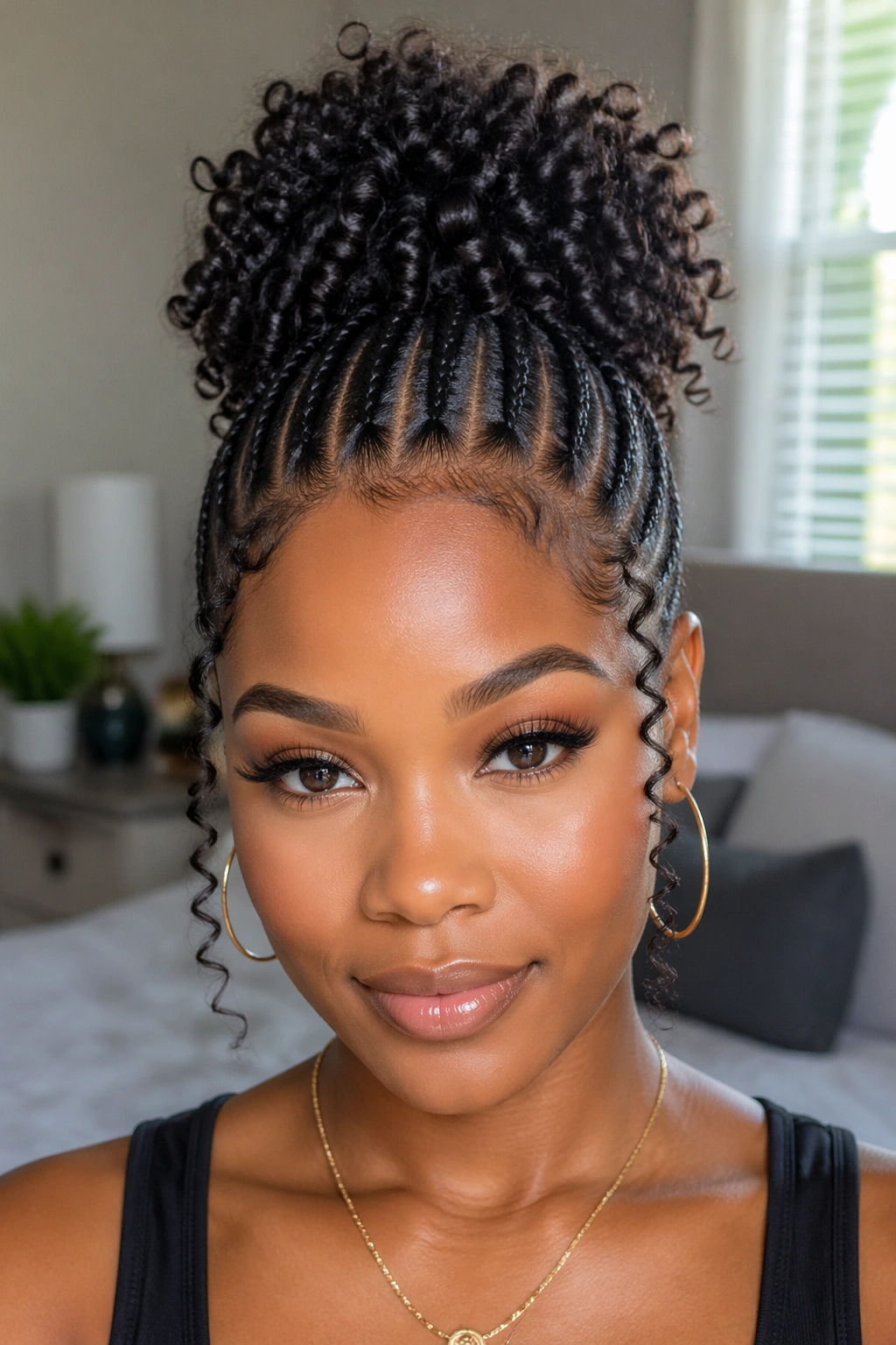 Close-up portrait of a real person with a curly crown puff on a cornrow updo.
