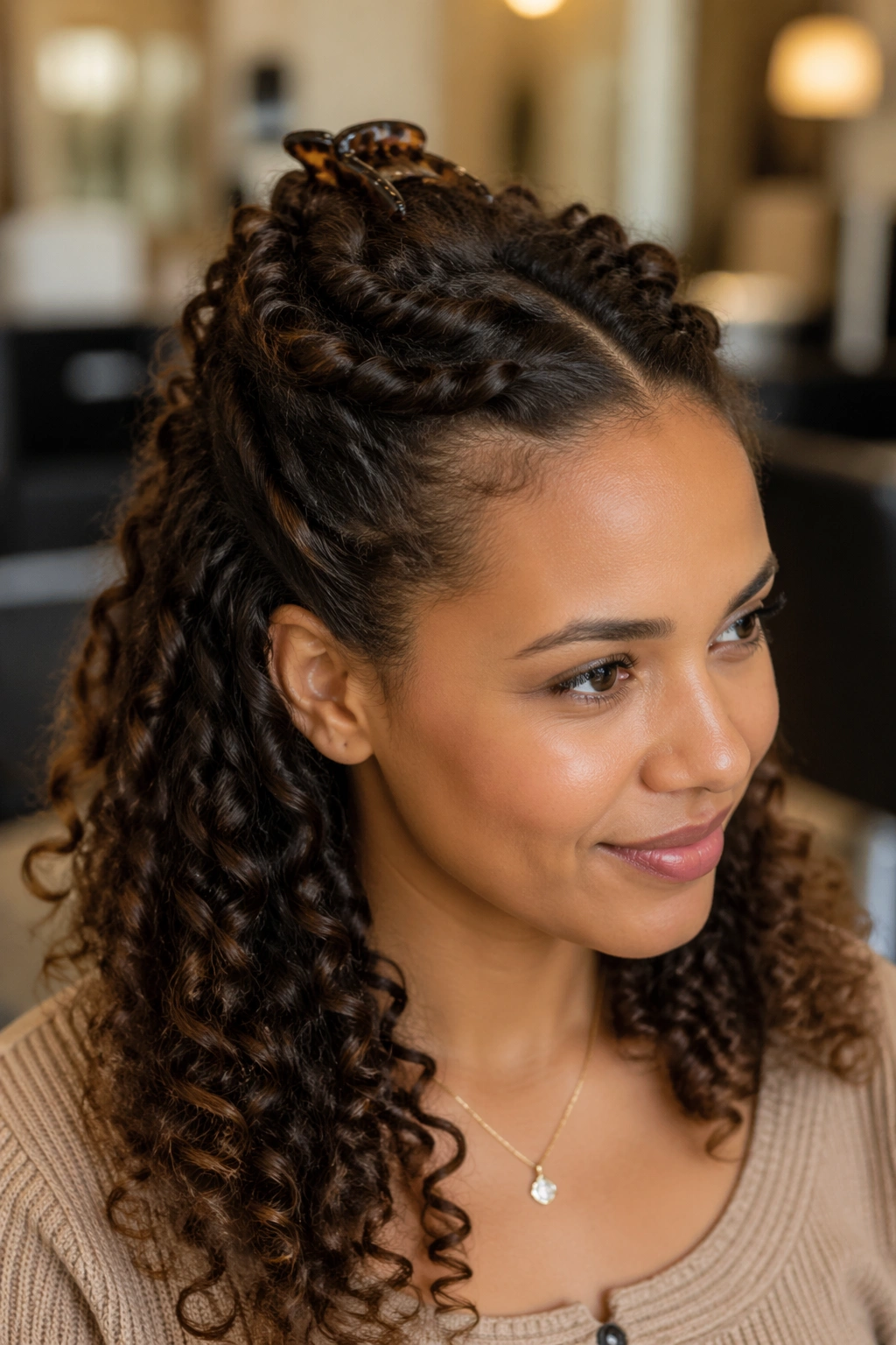 Close-up of a real woman with a curly crown twist secured by a wide clip at the crown