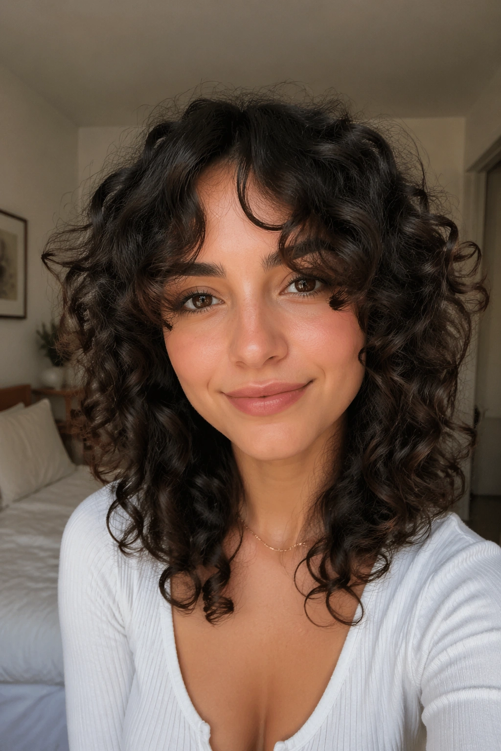 Close-up of a real woman with curly curtain bangs split at center, forehead softly framed.