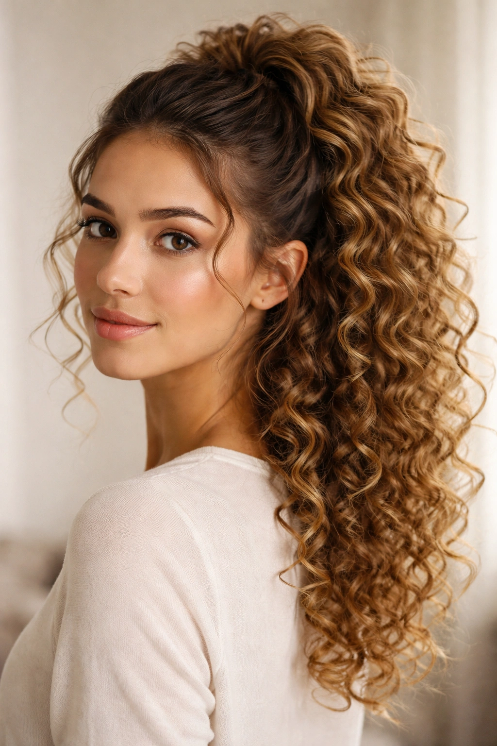 Close-up of curly half up ponytail with defined spirals