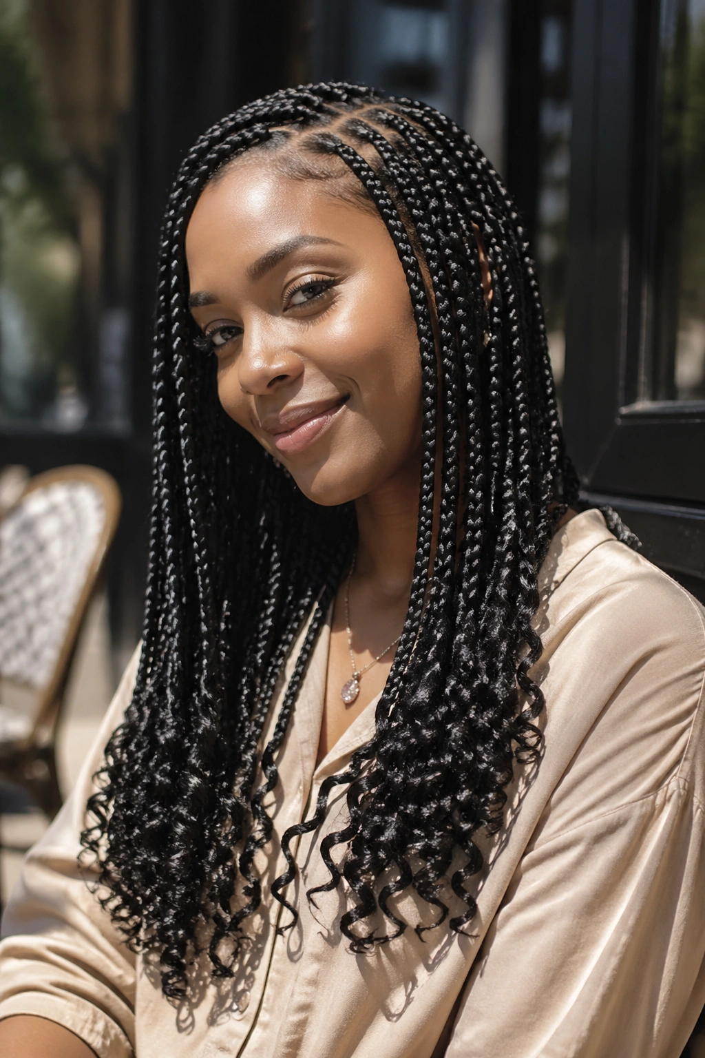 Close-up portrait of a real woman with curly-ended box braids in daylight