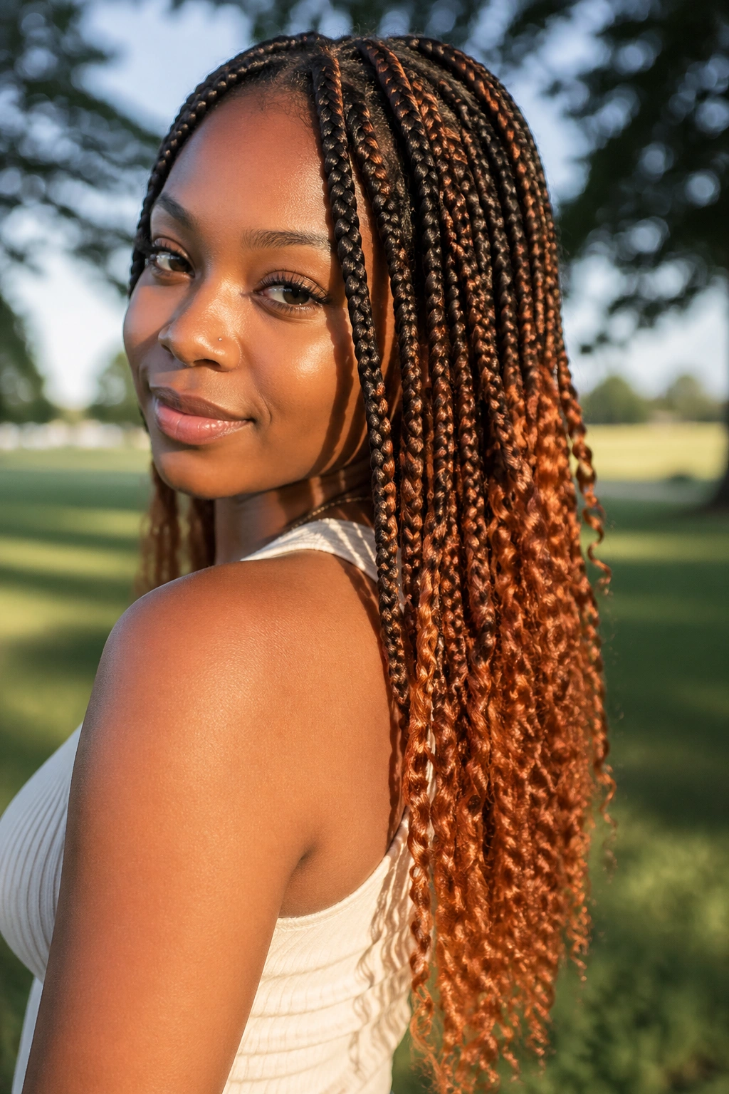 Close-up of a real woman with curly-end box braids brown roots and pumpkin tips