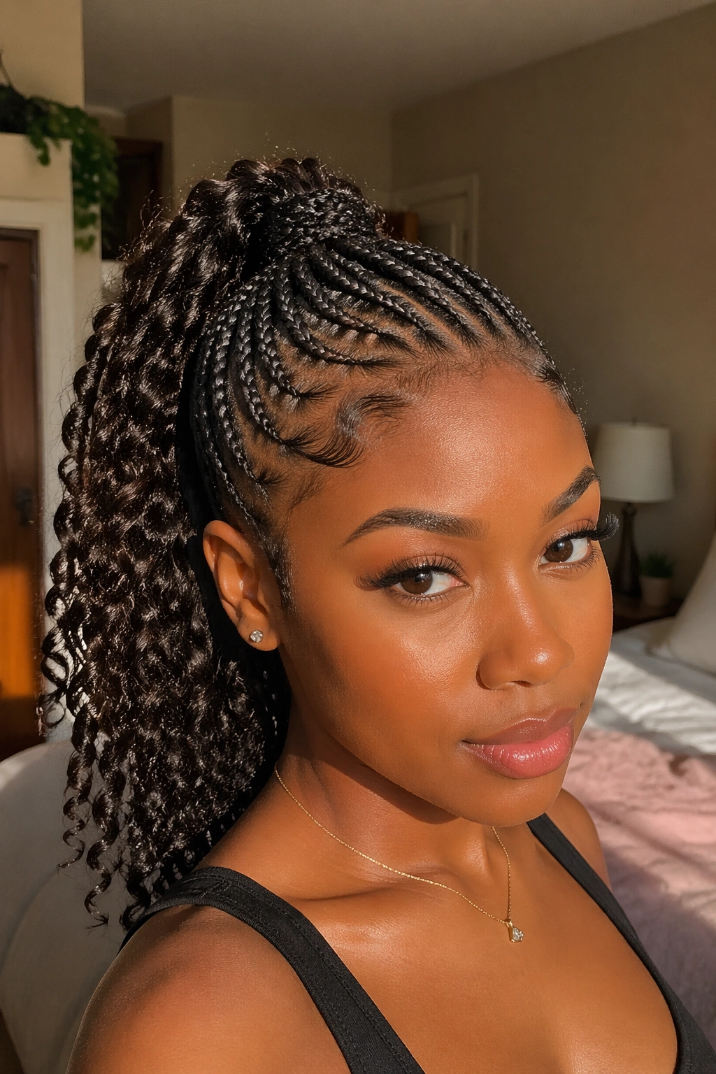 Close-up portrait of a real Black woman with curly-end cornrow ponytail