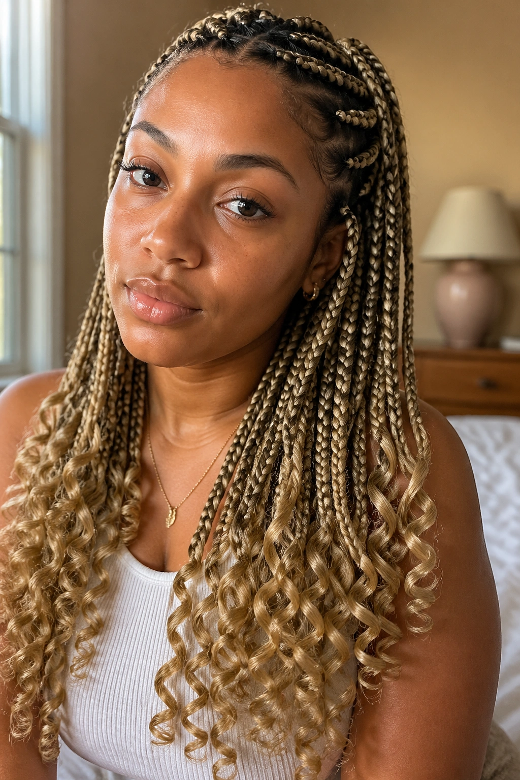 Close-up of a real woman with curly-end goddess braids in a cozy bedroom light