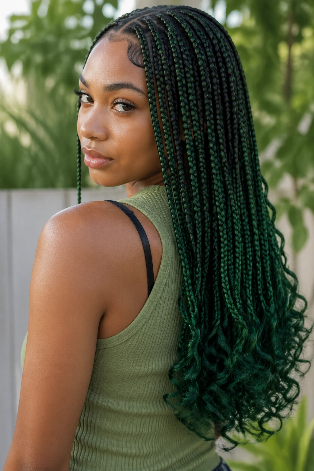 Portrait of a person with curly-end green box braids