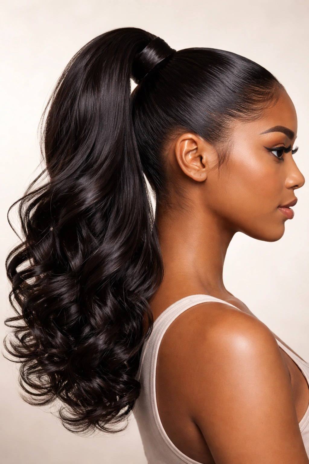 Side profile of a high ponytail with straight roots and curly ends