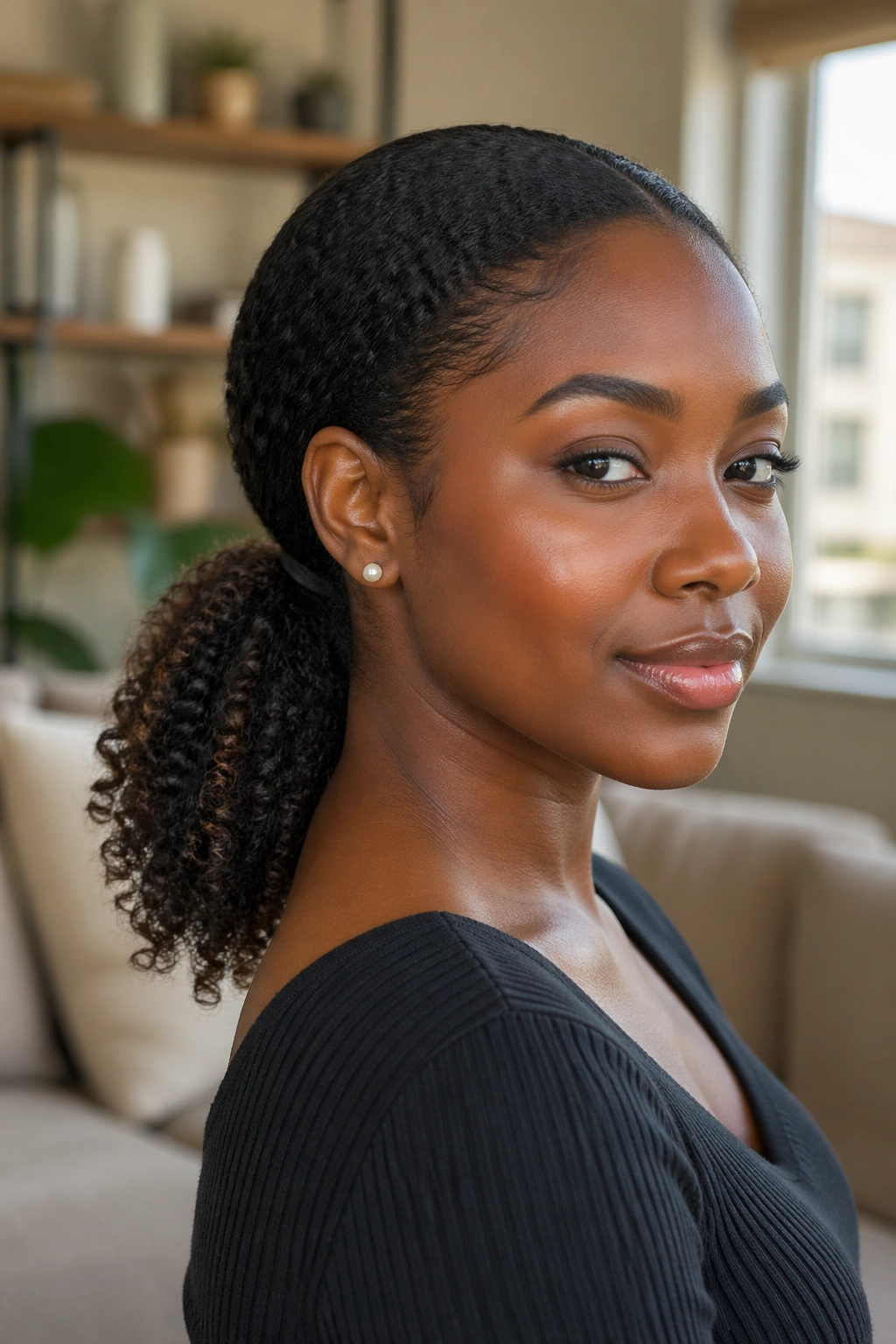 Close-up of a real woman with a low ponytail and curly ends