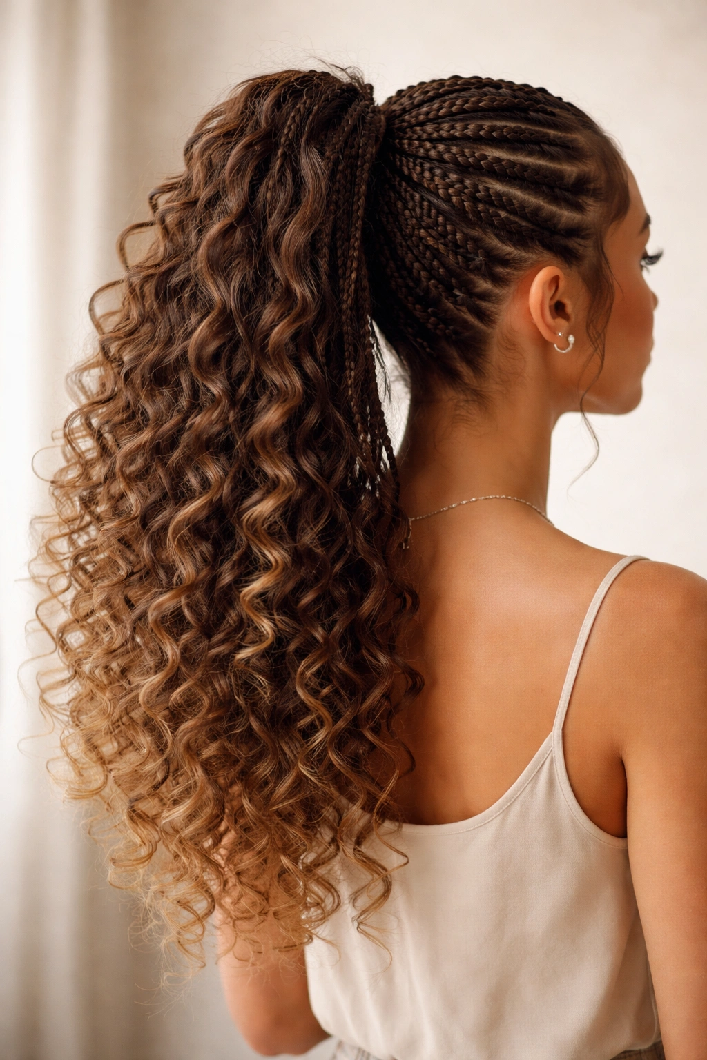 Back view of a high ponytail where braids end in loose curls cascading down