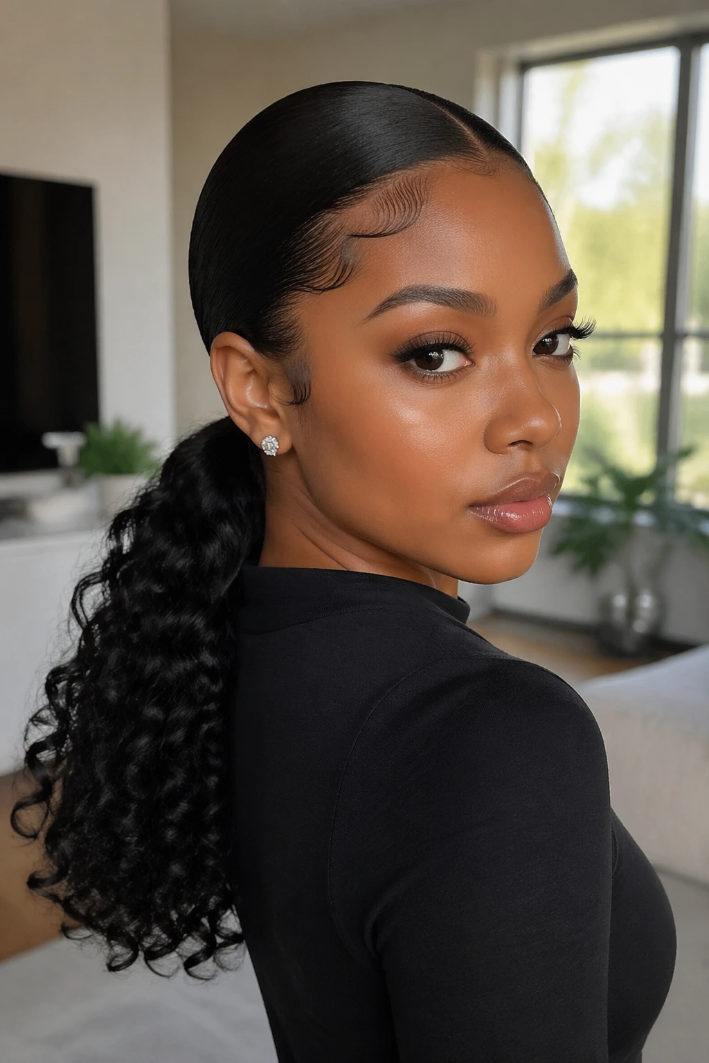Close-up of real woman with low ponytail and curly ends