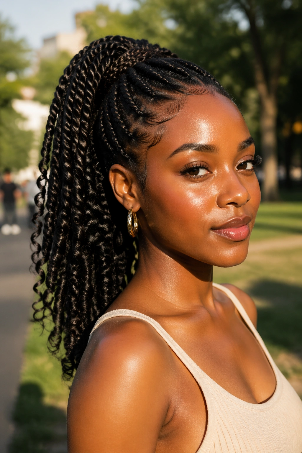 Close-up of a real woman with curly-end twist braids in a ponytail showing movement