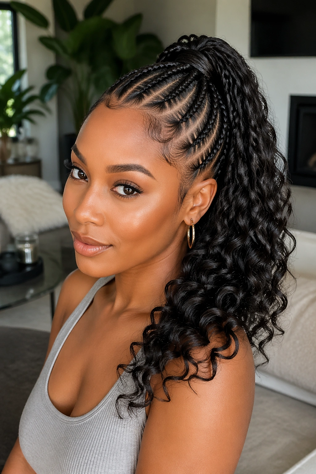 Close-up of a real woman with curly-ended feed-in ponytail