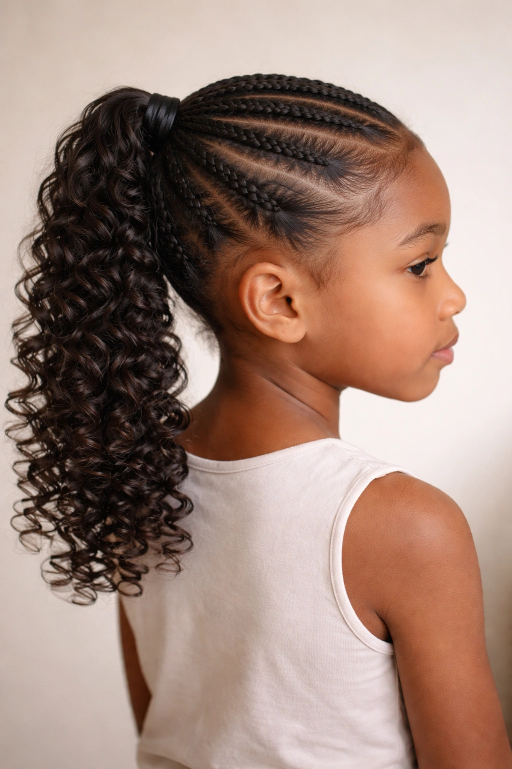 Close-up of a child's head showing a curly-ended feed-in ponytail with bouncy curls.