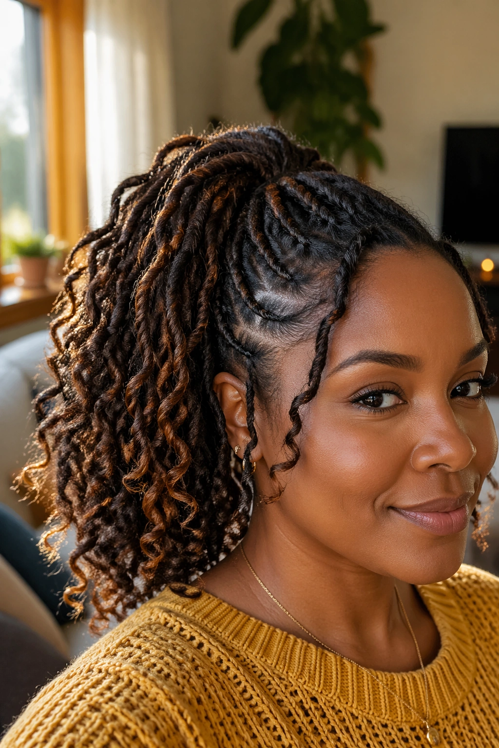 Close-up of a real woman with Curly-Ended Faux Ponytail featuring curly loc ends in warm window light