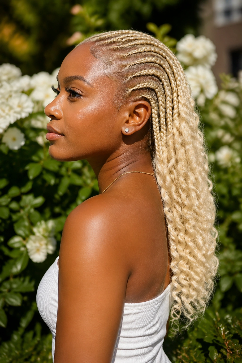 Side portrait of a real woman with 613 cornrows ending in curly ends
