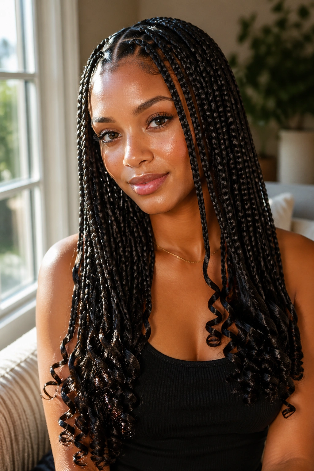 Real woman with long boho box braids ending in curly tips indoors