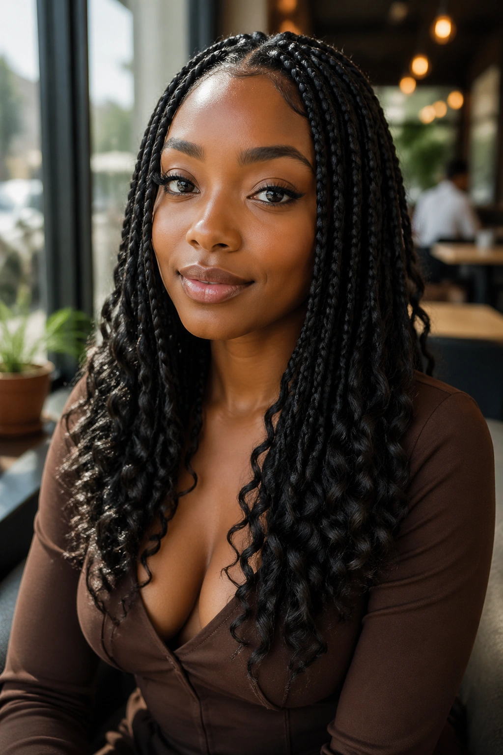 Close-up of a real woman with curly-ends-only goddess braids in a cafe setting