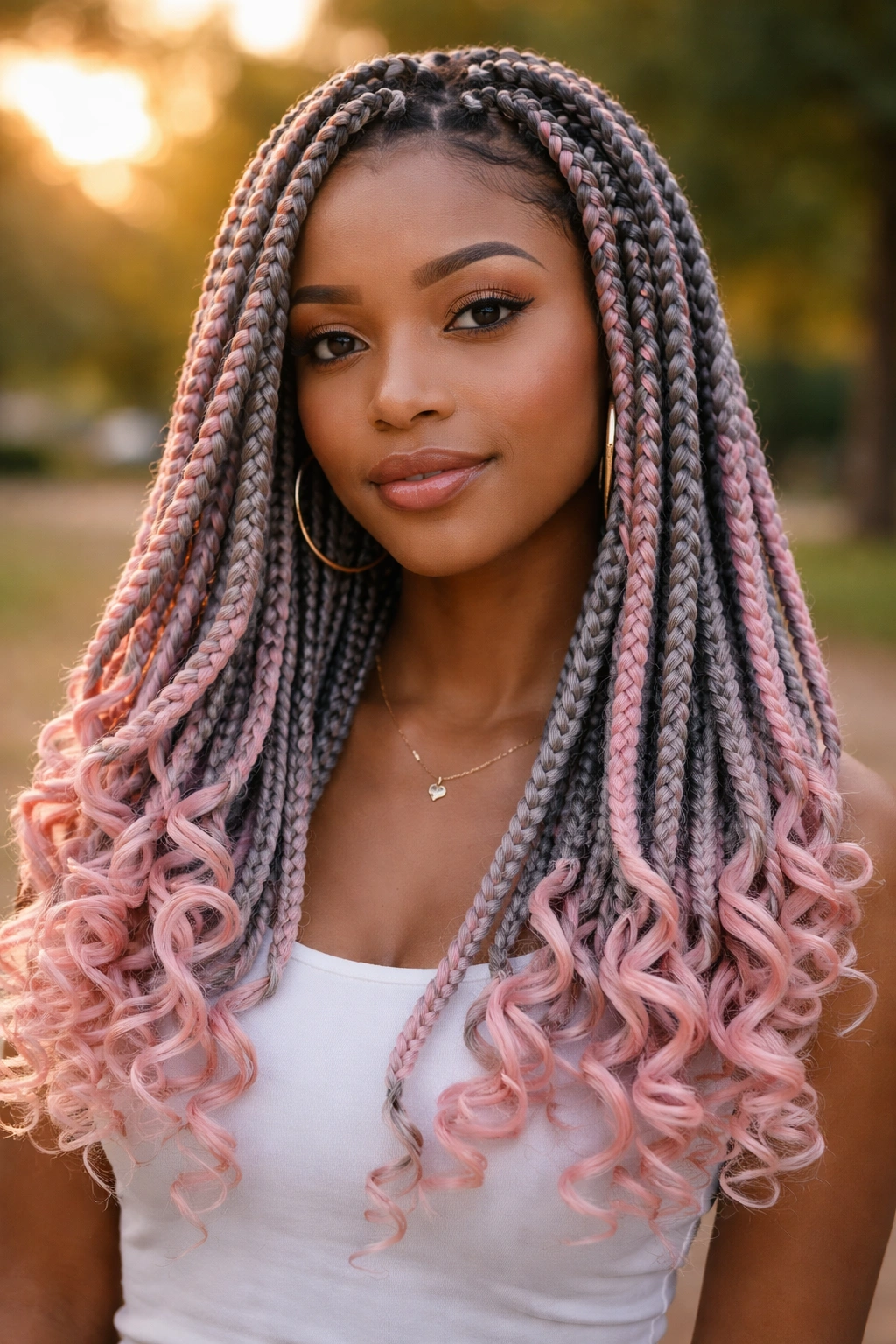 Close-up of a real woman with box braids ending in rose-pink spiral curls.