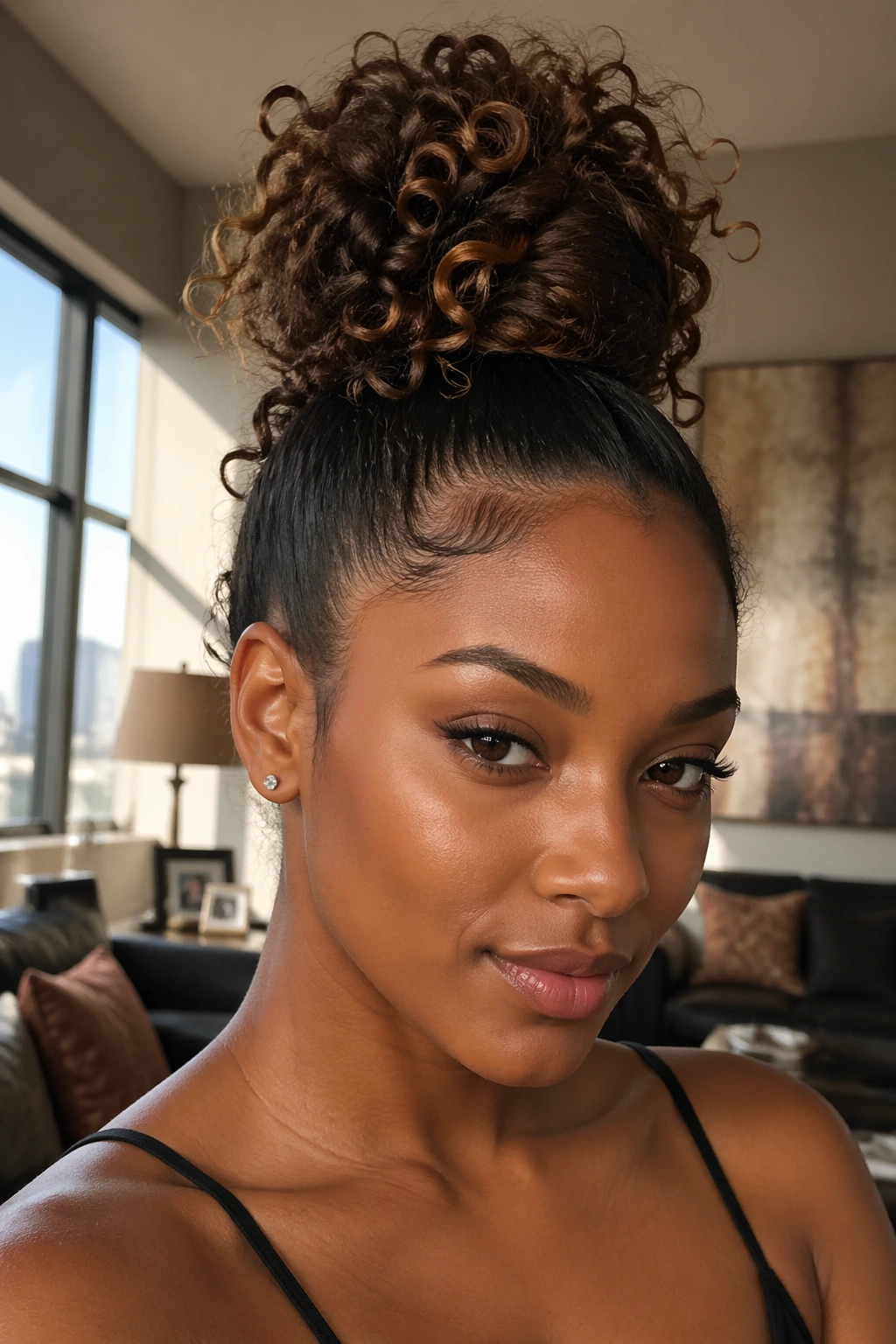 Close-up portrait of a real Black woman with curly-ends wrap bun and visible curled ends.