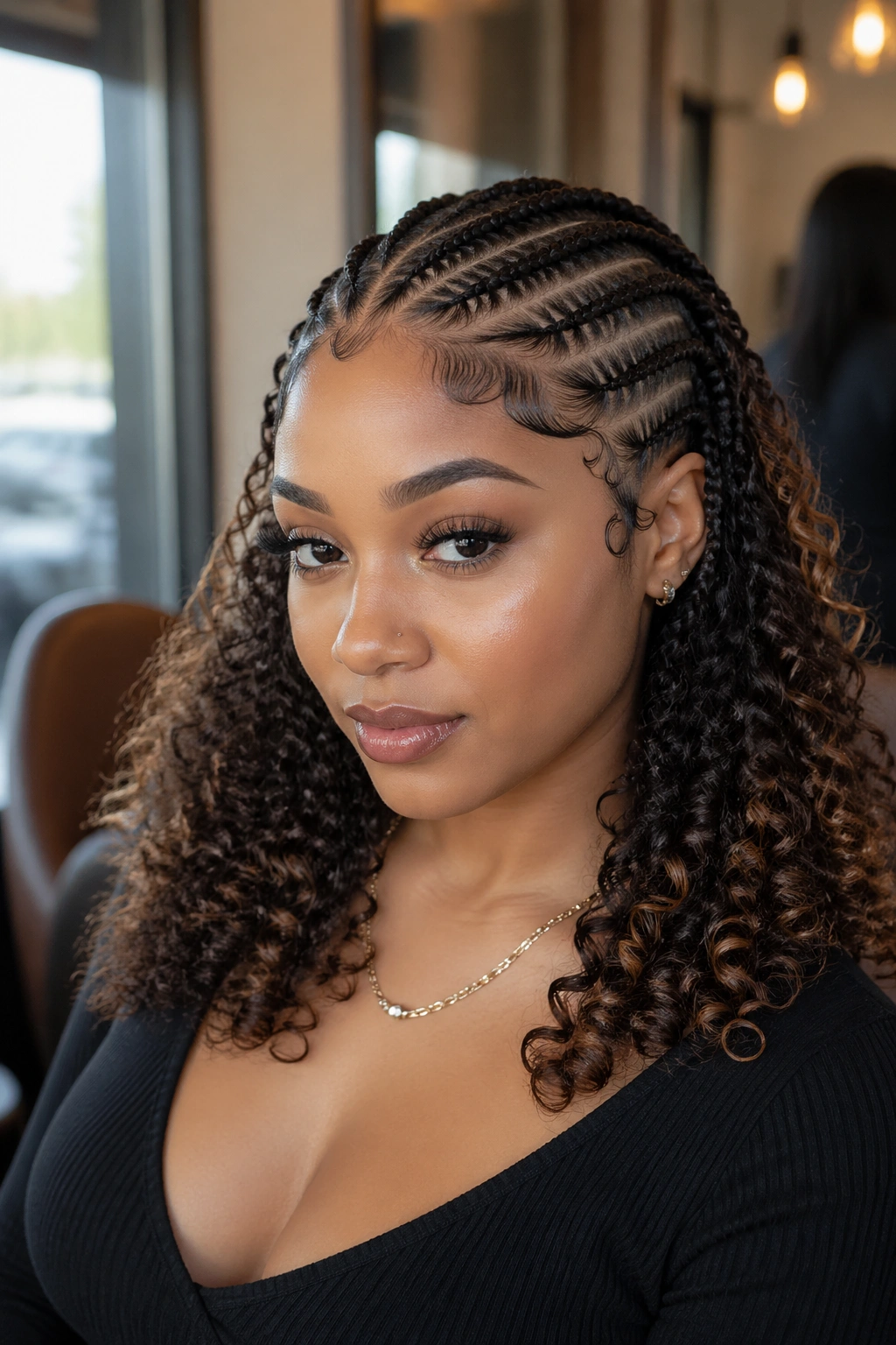 Close up of real woman with curly end feed-in cornrows in a salon