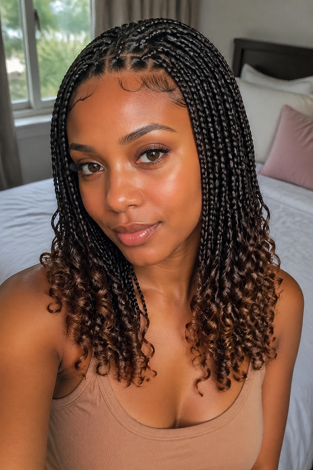 Close-up of real woman with knotless braids showing curly ends and clean top