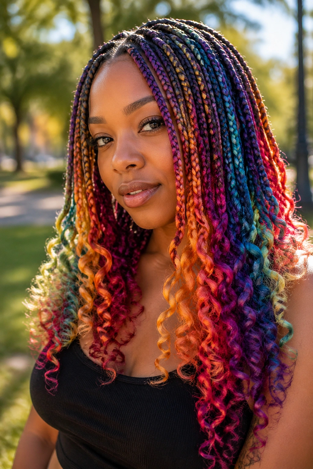Close-up of a real person with rainbow box braids ending in curls, in a sunny park setting