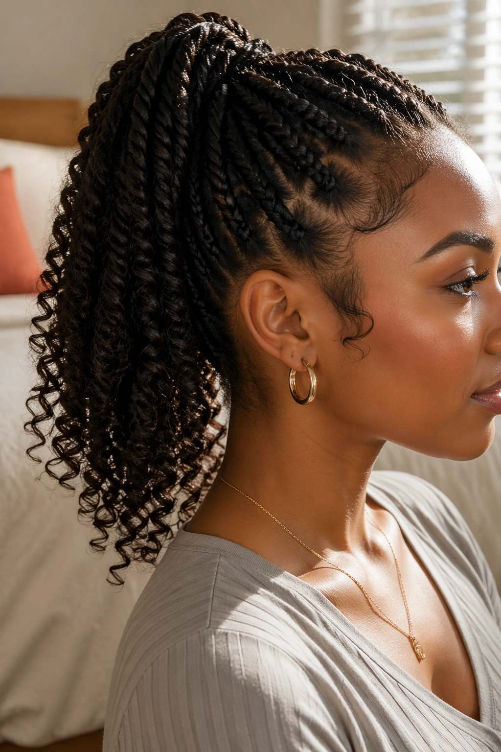 Close-up of curly-ends twist ponytail on a real woman in a cozy bedroom
