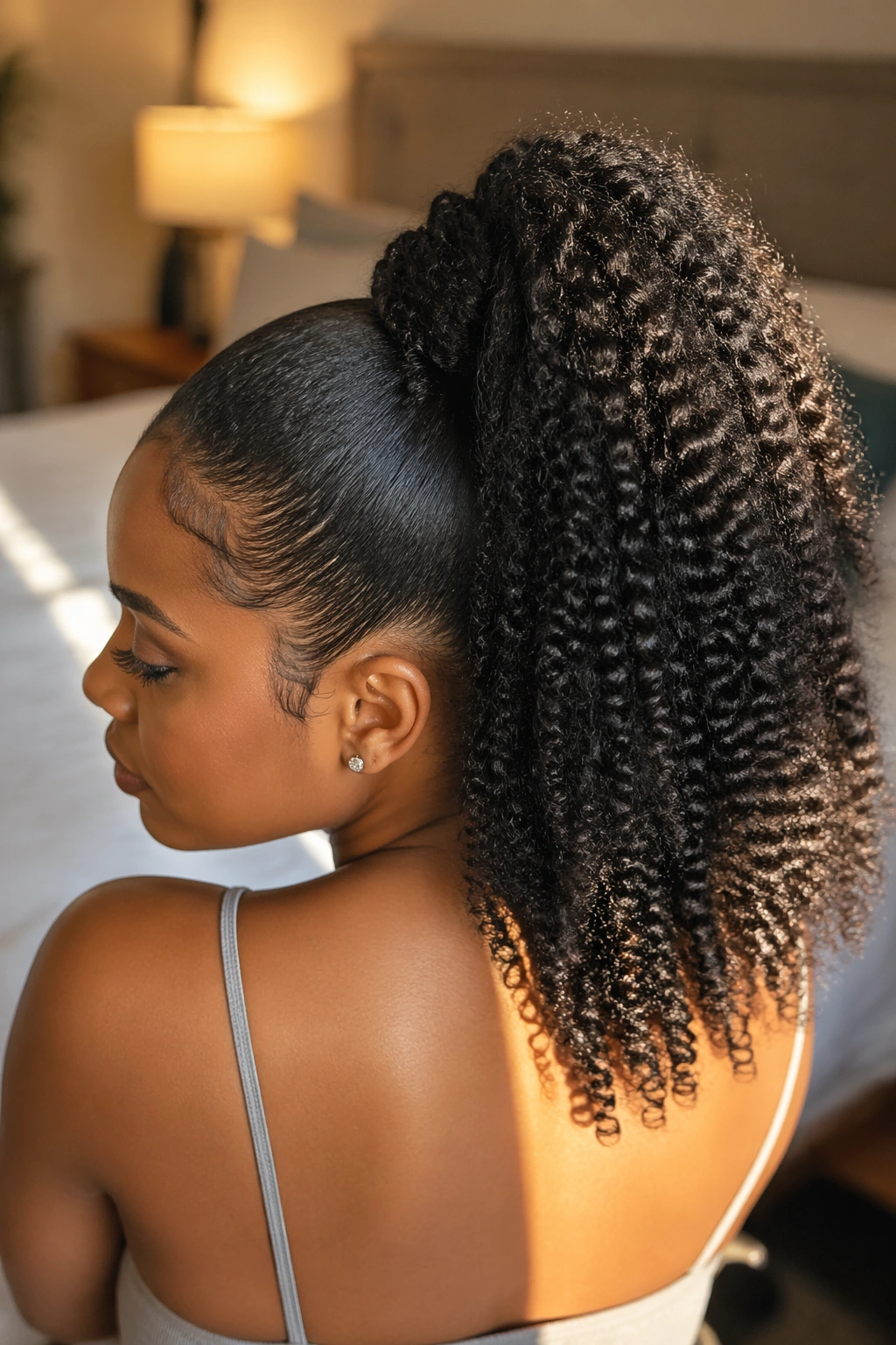 Close-up of a real woman's kinky-curly extension ponytail blended with natural curls.