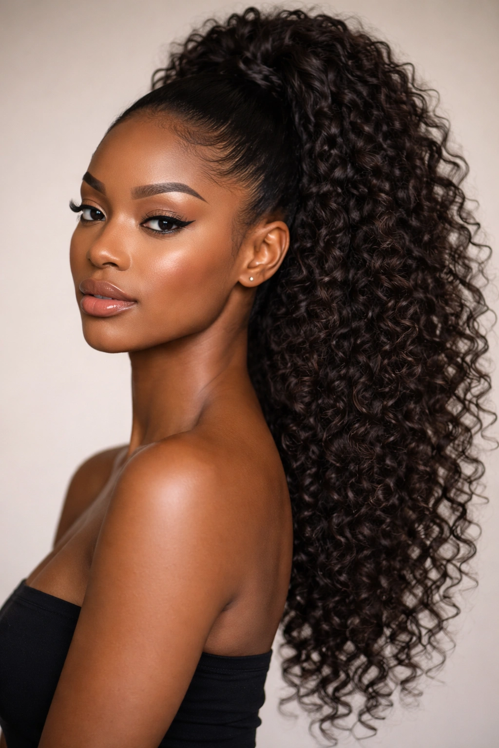 Portrait of a Black woman with curly extensions blended into a high ponytail.