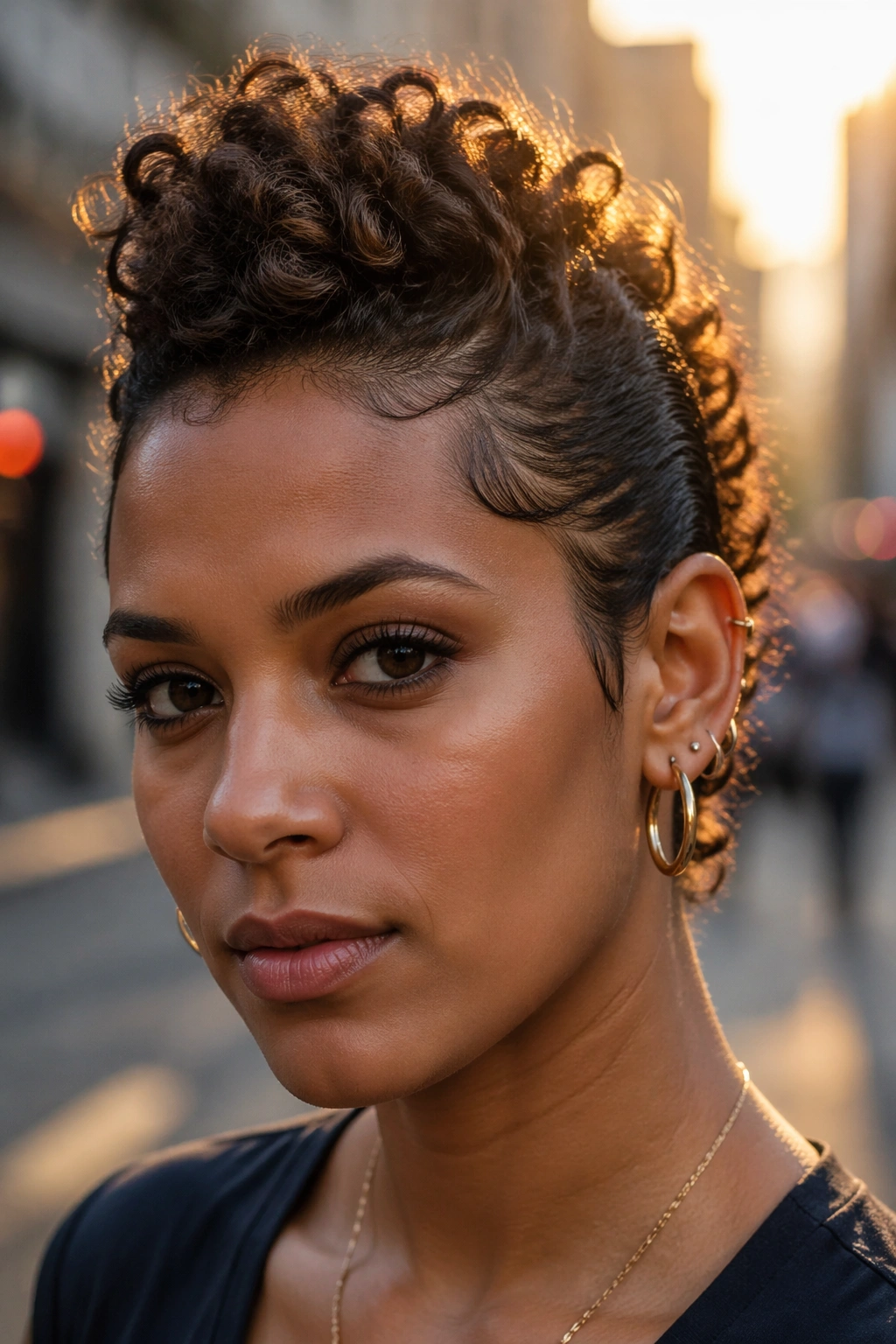 Real person with curly faux hawk on a city street at golden hour