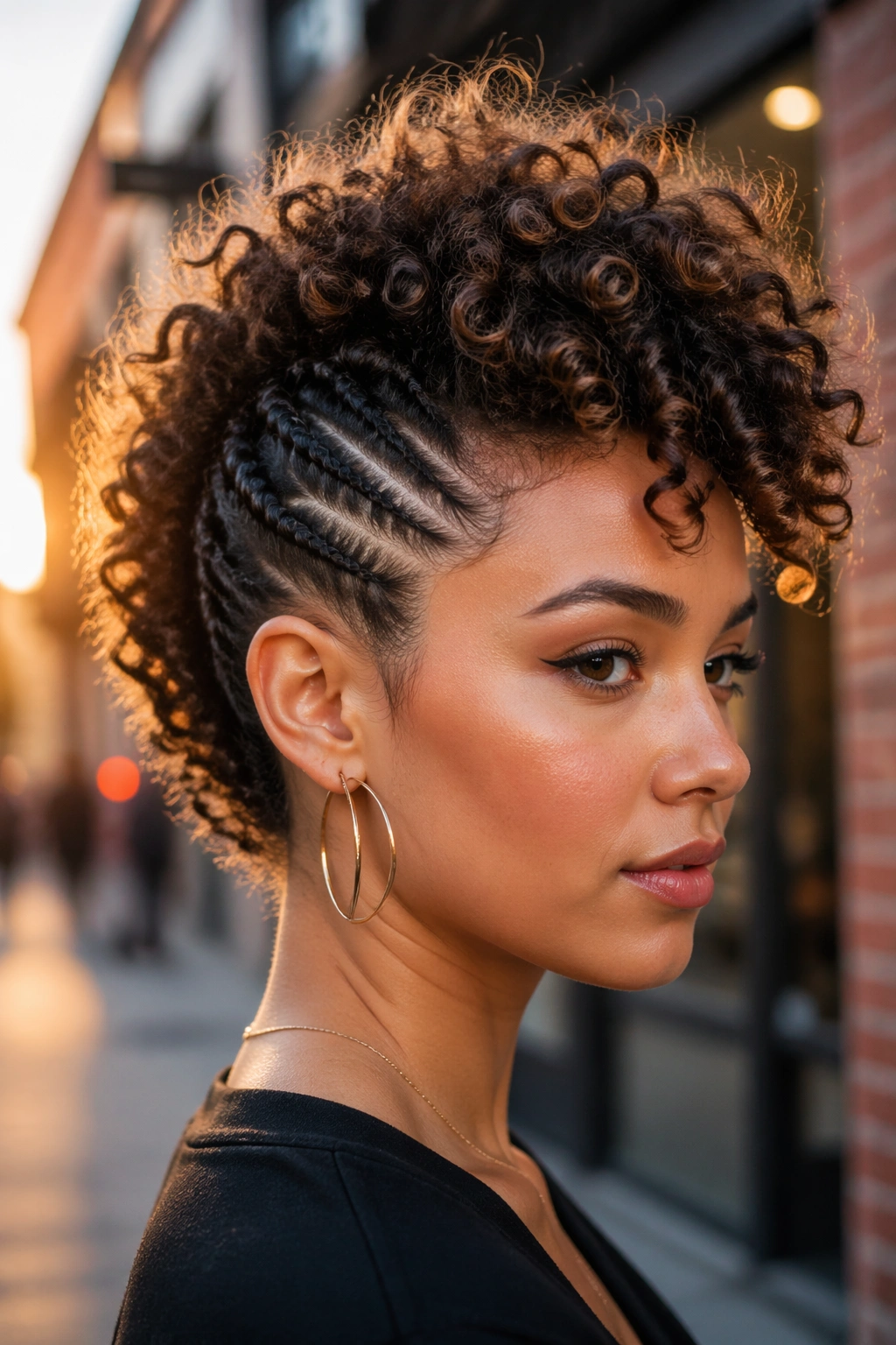 Close-up of a real person with a curly faux hawk