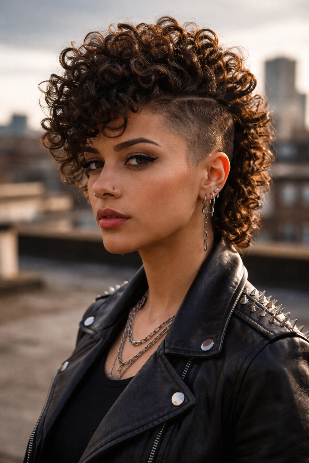 Close-up of a real person with a curly faux hawk against an urban rooftop background
