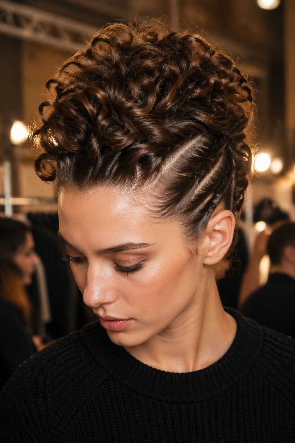 Portrait of a real person with curly faux hawk, pinned sides and tall center curls.