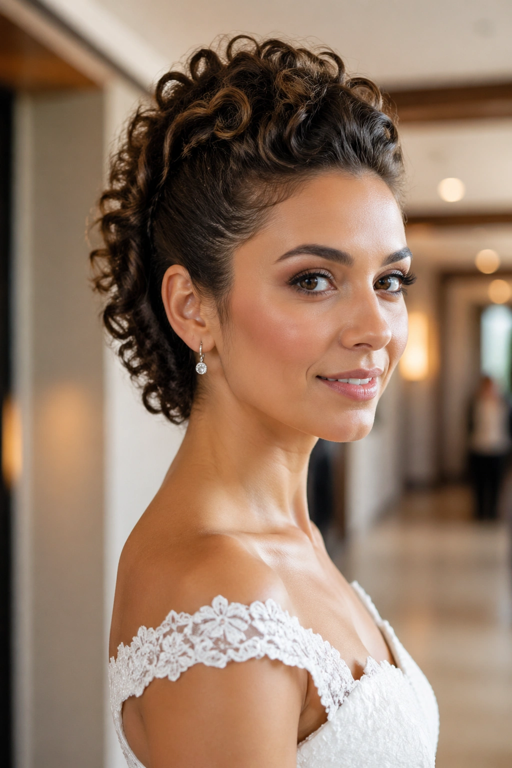 Close-up of a bride with a curly faux hawk hairstyle