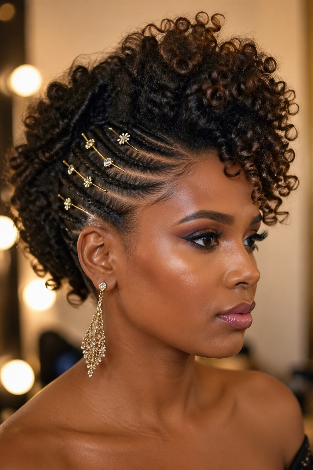 Close-up of a real woman with a curly faux hawk and glam pins in backstage prom prep setting.