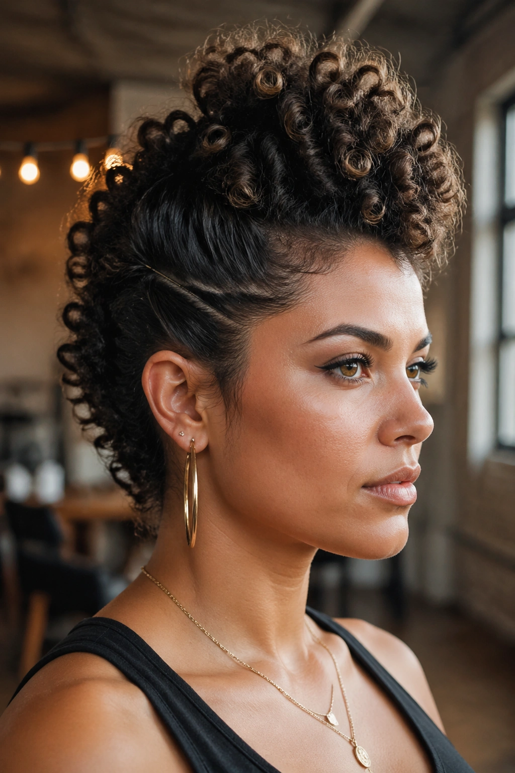 Close up of a real woman with a curly faux hawk showing a center ridge