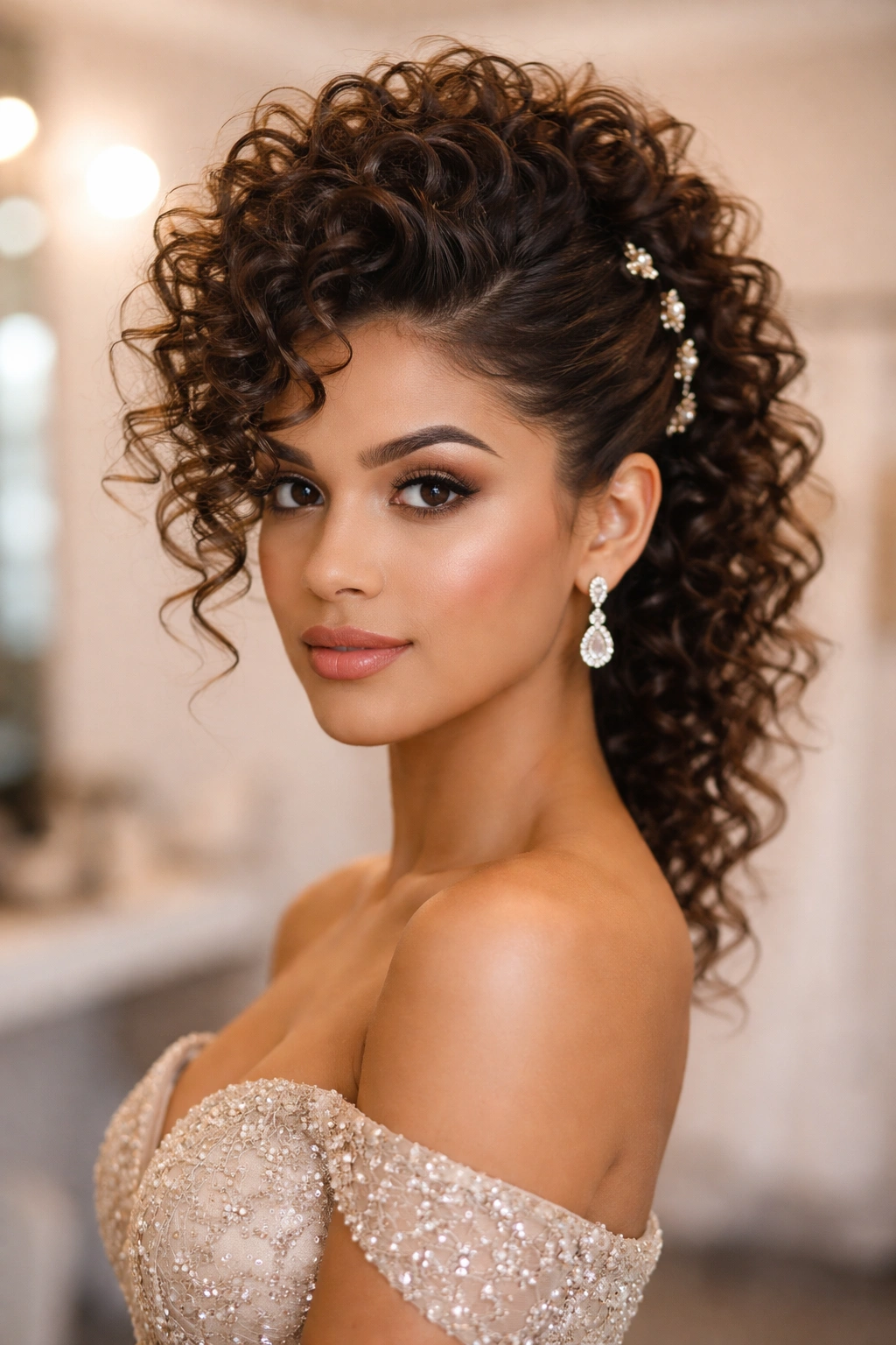Close-up of a real woman with a curly faux hawk and pins