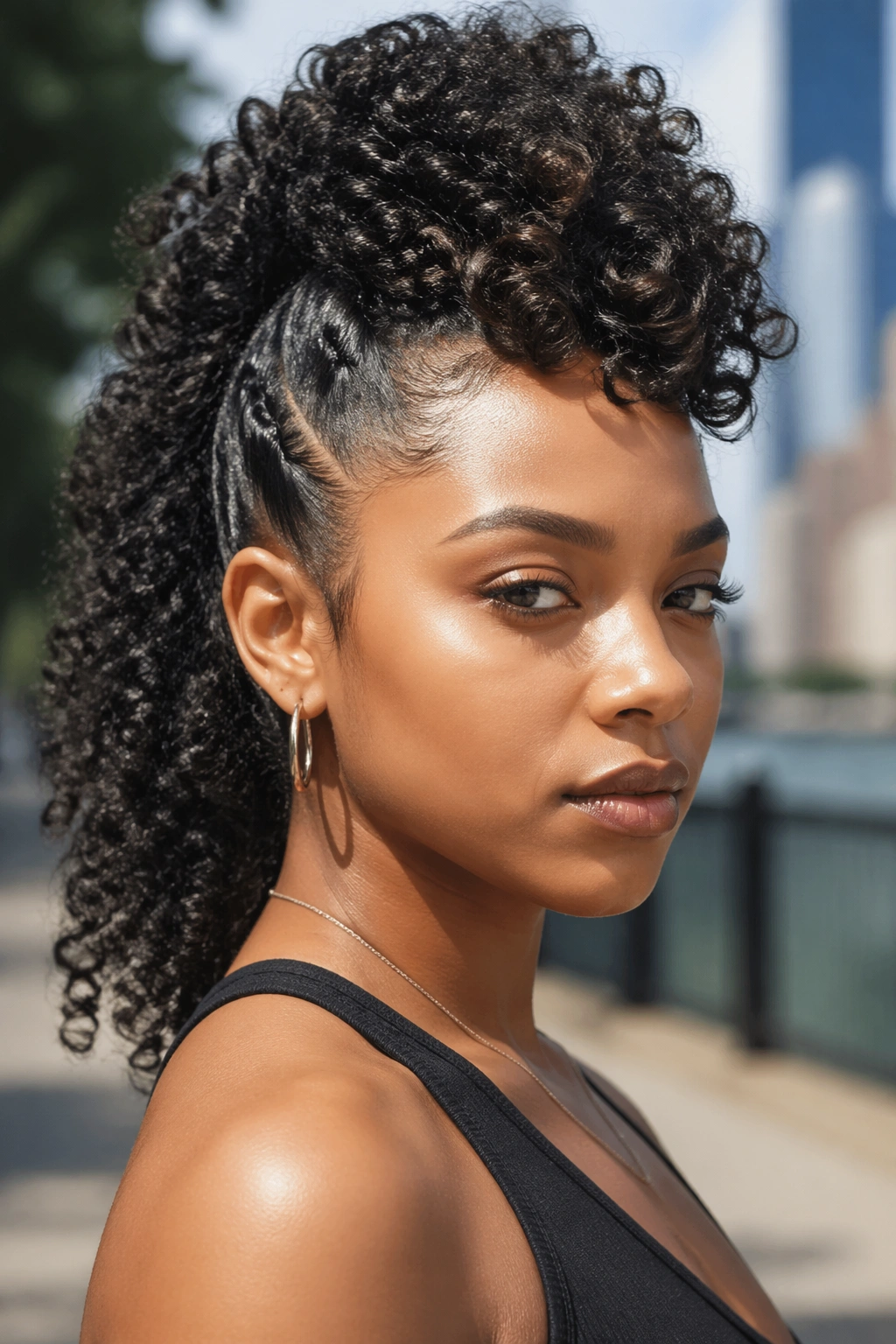 Close-up of a real woman with curly faux hawk ponytail