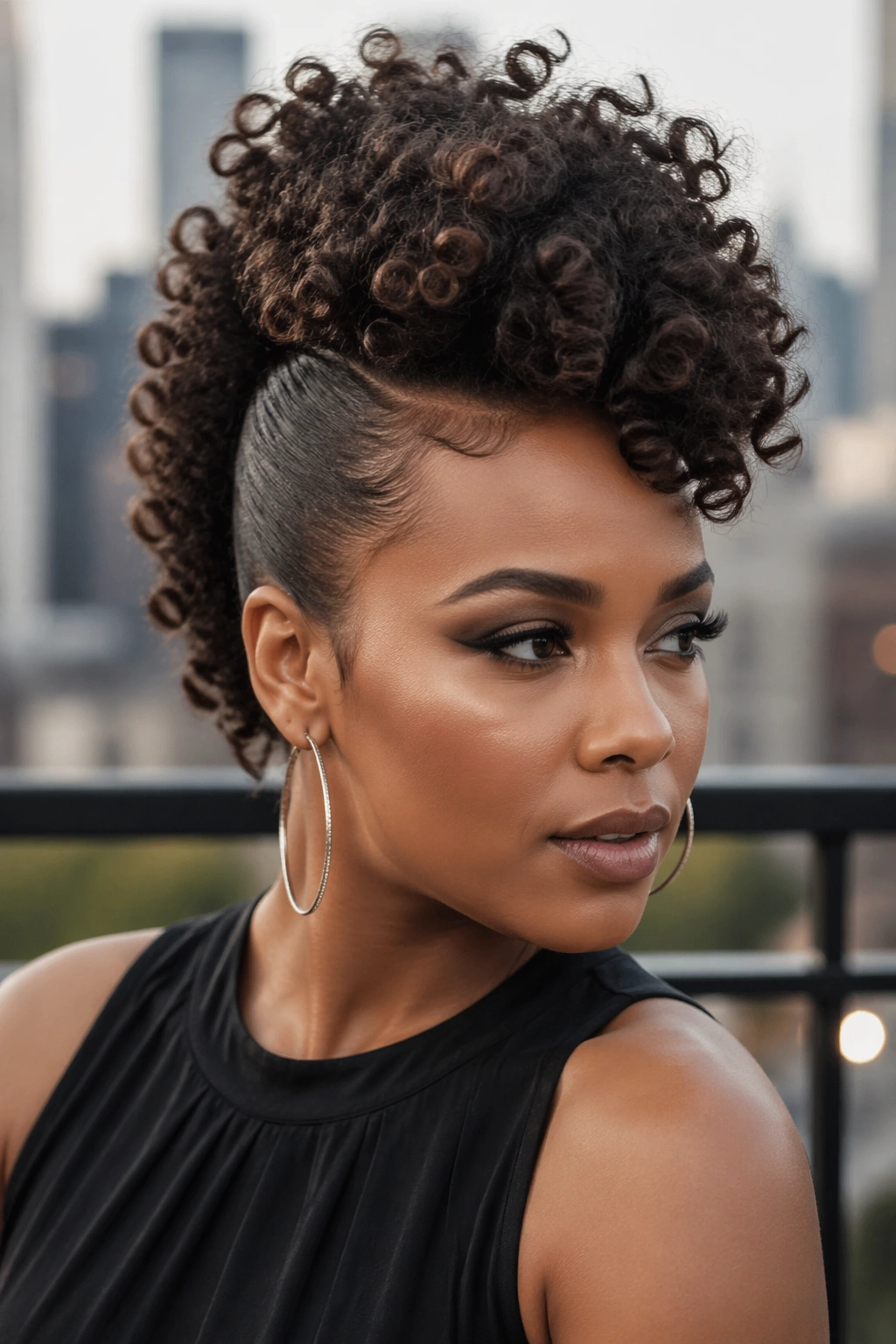 Close-up portrait of a real Black woman with a curly faux hawk hairstyle in daylight